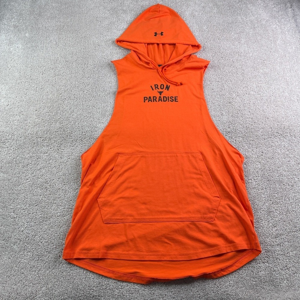 Under Armour Hoodie Mens XL Orange Project Rock Iron Paradise Sleeveless Gym